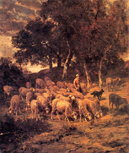 Charles Emile Jacque - A Shepherdess and Her Flock